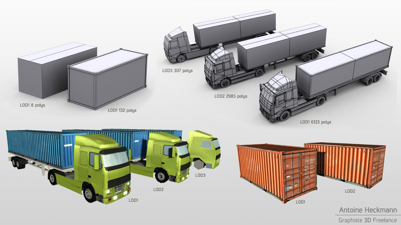 Différents niveaux de détails d'un camion et d'un conteneur
